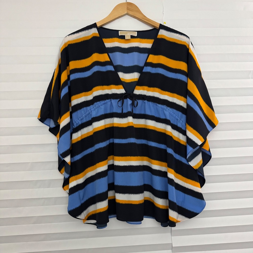 Michael Kors Womens Blue Orange Striped V-Neck Kaftan Empire Waist Top‎ Large